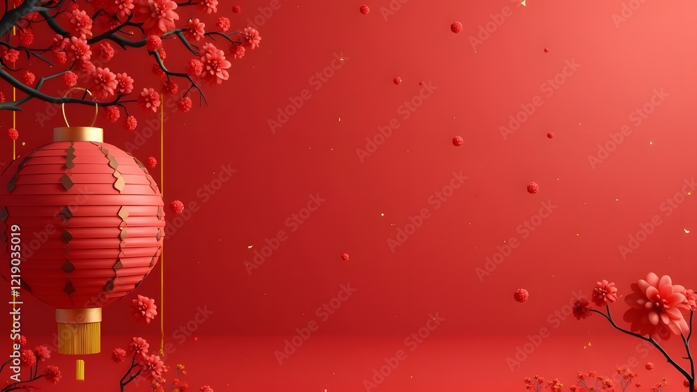 Poster chinese lanterns and cherry blossoms on red background. 3d rendering. generated by ai