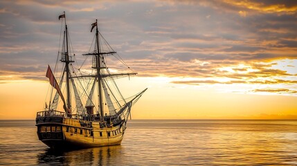 Obraz premium Sunset Sailboat Ocean Calm Water Golden Hour Travel Poster
