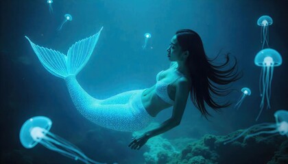 Enchanting Underwater World: Mesmerizing Mermaid Amidst Luminous Jellyfish in a Mystical Ocean Scene