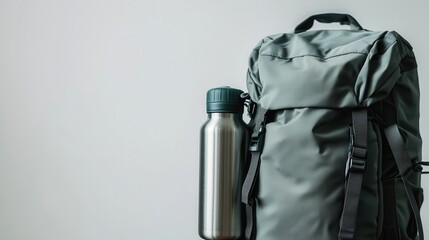 A close-up of a modern backpack with a water bottle on a white isolated background