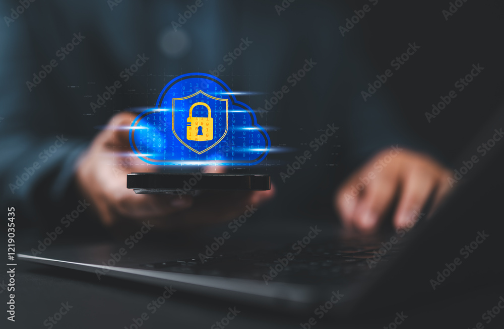 Poster Cloud Computing and Mobile Data Security. Man using a smartphone with a secure cloud Encryption, Data Protection, and Online Connectivity for Enhanced Digital Privacy and Mobile Accessibility.