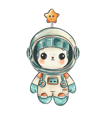 Watercolor illustration of a cute child in an astronaut helmet and casual outfit