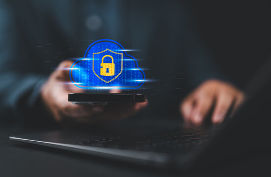 Cloud Computing and Mobile Data Security. Man using a smartphone with a secure cloud Encryption, Data Protection, and Online Connectivity for Enhanced Digital Privacy and Mobile Accessibility.