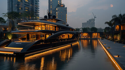 Billionaires modern speedboat at dock architectural landscape cinematic fashion photography.