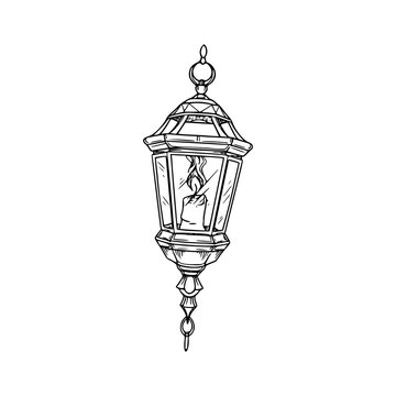 recommend clip art: a black and white drawing of a vintage lantern with candle illustration