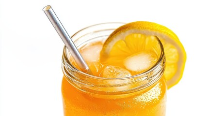 A close-up of a mason jar with a straw and lemonade on a white isolated background