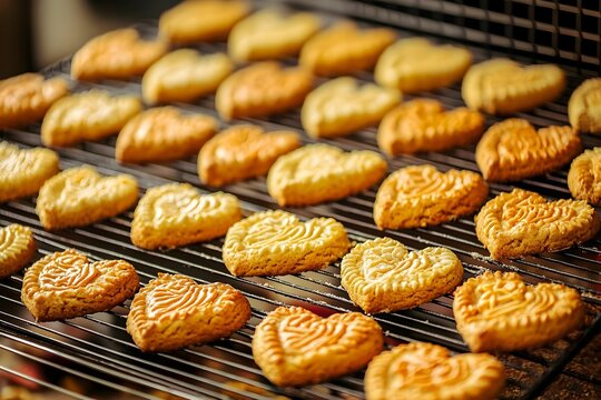 Freshly baked heart-shaped cookies cooling on rack
