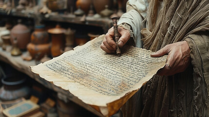 Closeup of hand writing letter on paper scroll, ancient scroll and clay oil lamp.