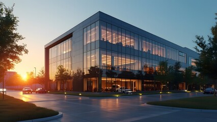 3d render of modern office building exterior with glass facade at dusk. Generated by AI