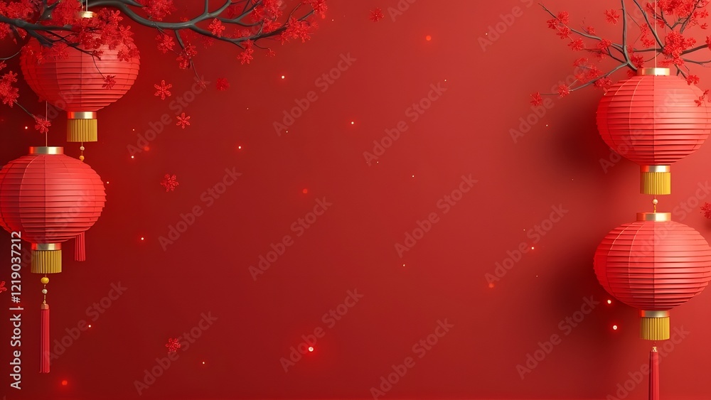 Poster chinese lanterns and cherry blossoms on red background. 3d rendering. generated by ai