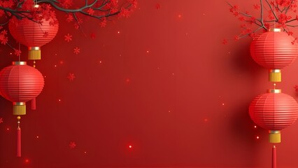 Chinese lanterns and cherry blossoms on red background. 3D rendering. Generated by AI