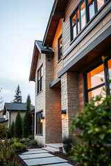Modern Luxury Home Exterior: Stone and Wood Design at Dusk.  Contemporary architecture, real estate, residential property, luxury home, beautiful facade, landscaping, and night lighting.
