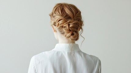 Woman's elegant braided updo hairstyle, rear view, simple background, beauty salon