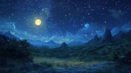 Enchanted Night: Majestic Moonlit Mountain Landscape