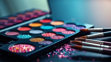Glitter Eye Shadow Palette & Makeup Brushes - Dark Background