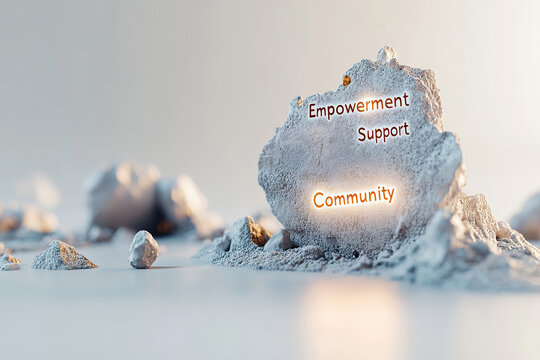 A bold cracked stigma sign displays glowing words such as empowerment, support, and community, set against a neutral background. The fragments symbolize breaking barriers for positive change