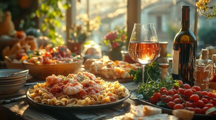 Sunlit rustic table with pasta dishes, wine, and bread.