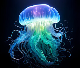 A glowing bioluminescent blob resembling a deep-sea creature, with soft, translucent skin and tentacle-like extensions. The blob glows in shades of blue and green, illuminating the dark, underwater 