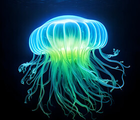 A glowing bioluminescent blob resembling a deep-sea creature, with soft, translucent skin and tentacle-like extensions. The blob glows in shades of blue and green, illuminating the dark, underwater 