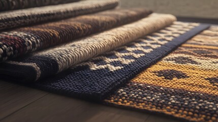 Woven Textile Rugs- Stack of Colorful Carpets, Ethnic Patterned Floor Mats
