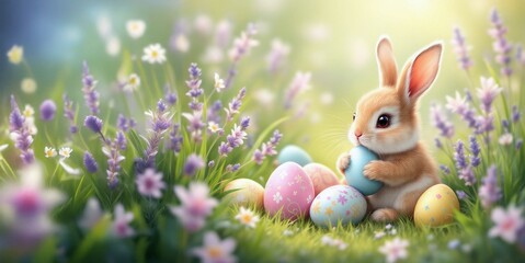 Fototapeta premium Cute Easter Bunny Surrounded by Colorful Eggs and Spring Flowers