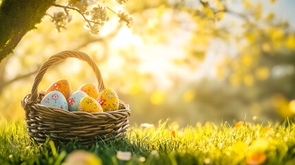 Easter eggs in a basket in green grass. Spring season traditional egg hunt colorful decorated eggs in a wicker basket. 