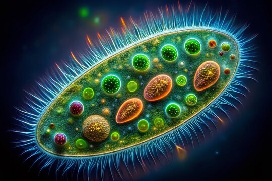Microscopic Paramecium: Single-celled organism in bright field low light microscopy