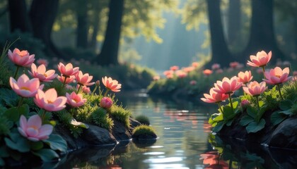 Enchanting Pink Lotus Blossoms Along a Serene Forest Stream Under Soft Sunlight, Reflecting Tranquility and Natural Beauty in a Lush, Idyllic Setting