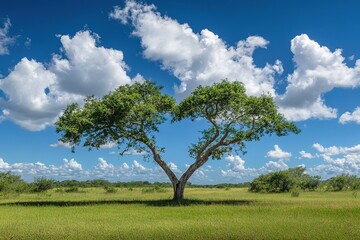 Fototapeta premium Heart-Shaped Tree in a Lush Savanna Under a Sunny Sky