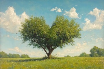 Heart-Shaped Tree in a Serene Summer Meadow