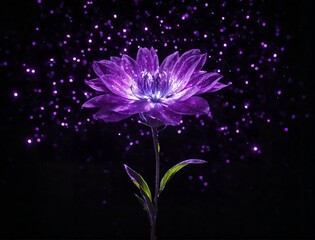 Flor roxa com particulas brilhantes em fundo escuro. Purple flower with shiny particles on dark background.