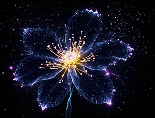 Flor roxa com particulas brilhantes em fundo escuro. Purple flower with shiny particles on dark background.