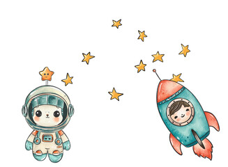 Watercolor Illustration of a Little Astronaut Boy, Rocket, Stars, and Planet for Space-Themed Kids Designs