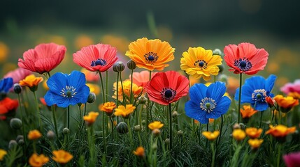 Fototapeta premium Colorful poppies blooming in a field, blurred background