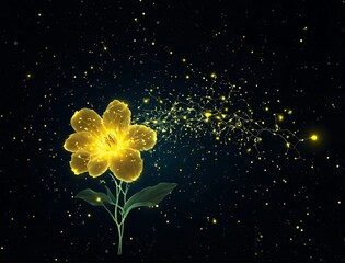 Yellow flower with glowing particles on dark background. Flor amarela com partículas brilhantes em fundo escuro.