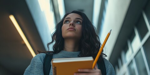 Woman with book and pencil
