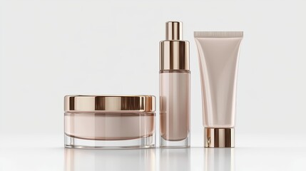 A set of luxury skincare products including cream, serum, and face masks on a white isolated background