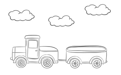 Linear Drawing of Kids Toy Car with Trailer in Minimalist Style