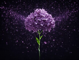 Flor roxa com particulas brilhantes em fundo escuro. Purple flower with shiny particles on dark background.