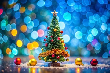 Obraz premium Miniature Abstract Christmas Tree on Blue, Festive Holiday Background, Tilt-Shift Photography