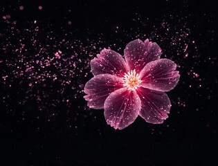Pink flower with glowing particles on dark background. Flor rosa com partículas brilhantes em fundo escuro
