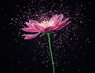 Pink flower with glowing particles on dark background. Flor rosa com partículas brilhantes em fundo escuro