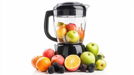 A modern blender with fruits on a white isolated background