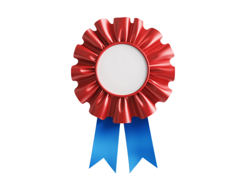 Red Award Rosette with Blue Ribbon Blank Badge Symbolizing Success and Achievement, Honorary Emblem for Winning, Isolated on Transparent Background, Ai Generated Images - Powered by Adobe