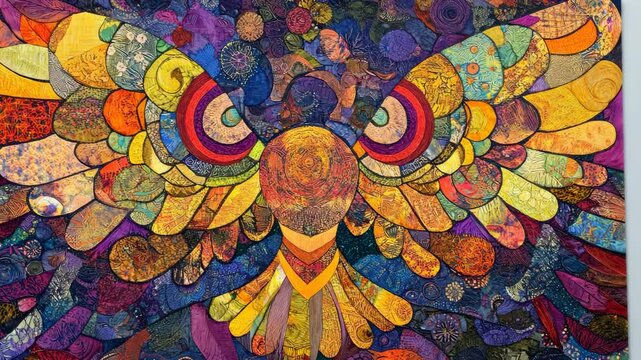 Vibrant quilt featuring an intricate owl design with bold colors and detailed patterns in a creative display