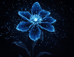 Blue flower with shiny particles on dark background.. Flor azul com particulas brilhantes em fundo escuro.