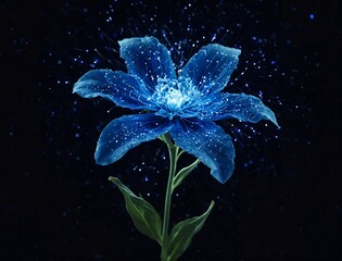 Blue flower with shiny particles on dark background.. Flor azul com particulas brilhantes em fundo escuro.