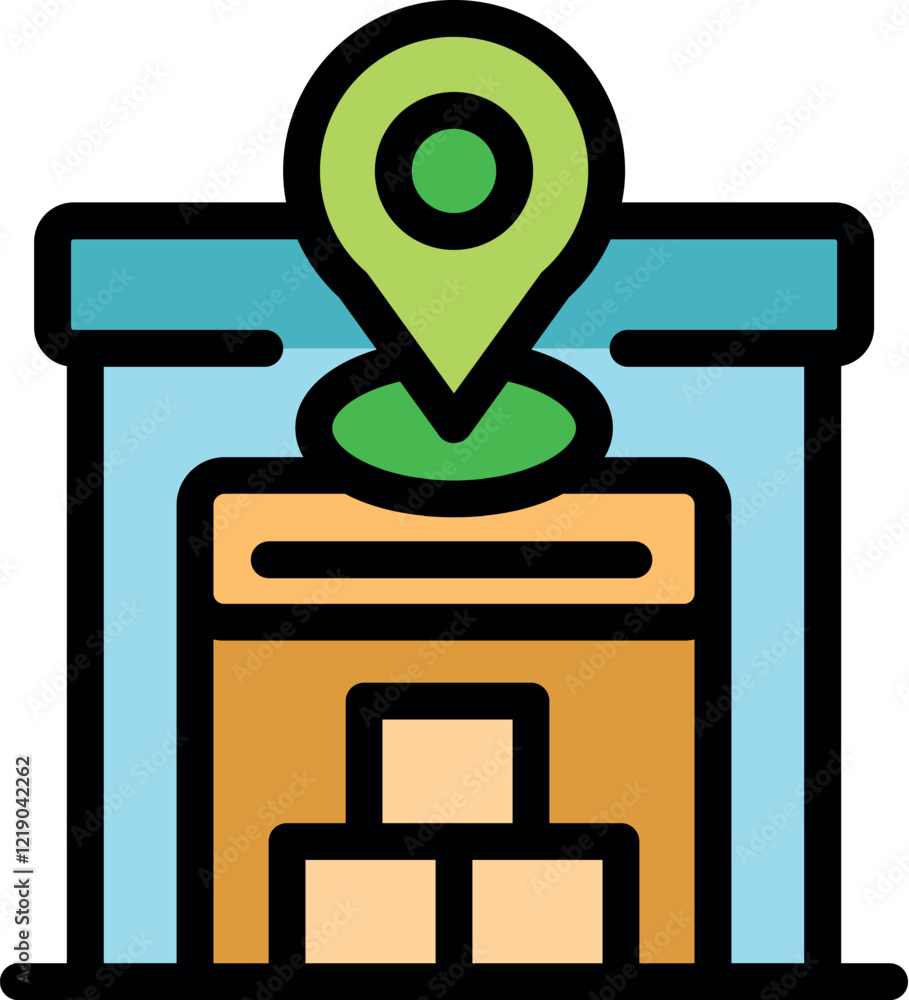 Poster warehouse location icon showing storage building and boxes with gps map pin, representing logistics 