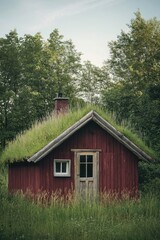 Obraz premium Small red house with green roof