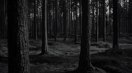 Fototapeta premium Monochrome forest path; trees, shadows, nature scene; background for tranquility, meditation, or fantasy